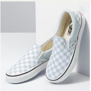 Baby Blue and White Checkered Slip on Vans